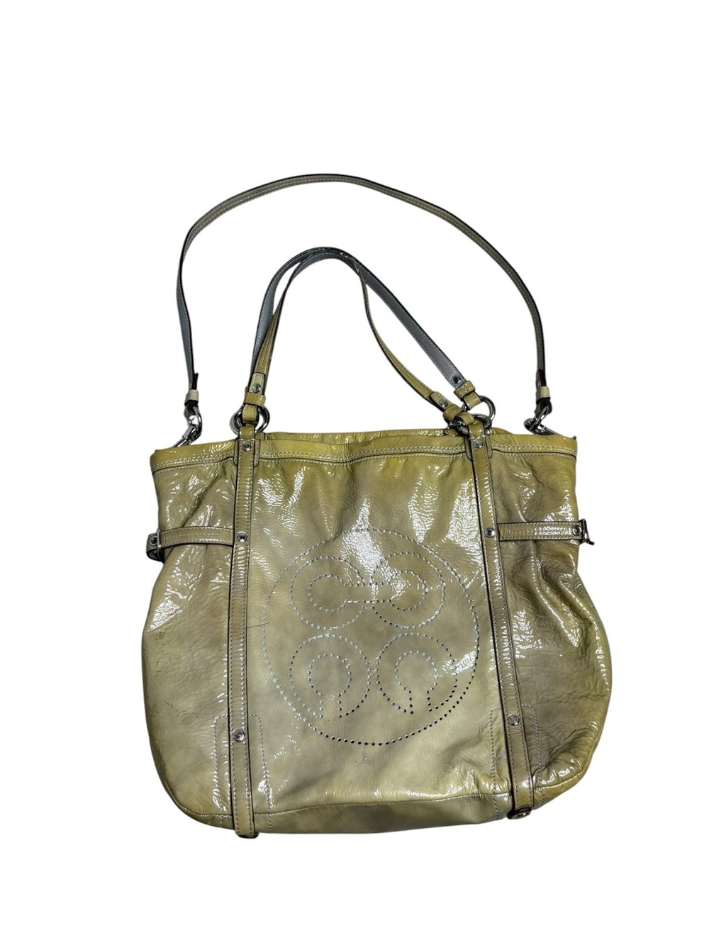 Coach Olive Patent Leather Tote with Perforated Logo